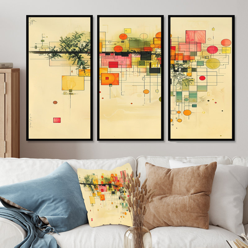 «Subtle Tree Realms Retro Colors» - ensemble d'art mural abstrait Mid-Century, Cadre flottant noir