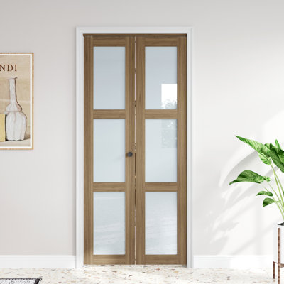 Porte pliante double en verre givré 36 po x 80 po à 3 portes en bois massif avec trousse de quincaillerie d'installation