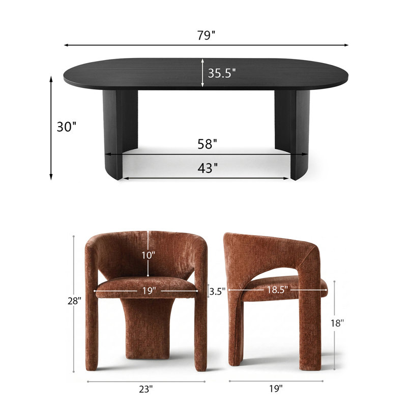 7 Piece Modern Dining Set With 79" Black Oval Pedestal Table & 6 Sculptural Wide-Seat Arm Chairs, Terra
