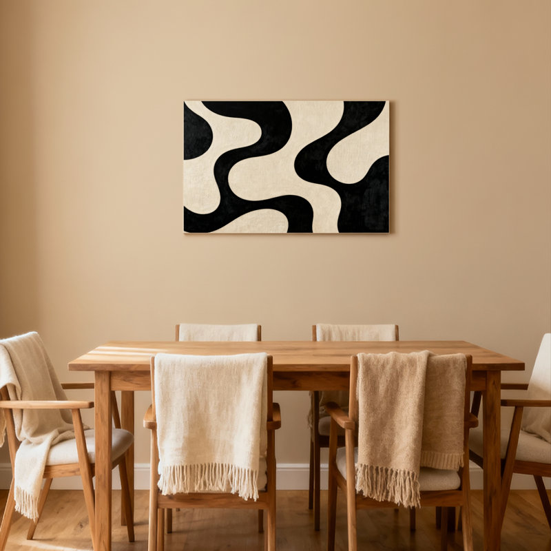 Ensemble de 1 tableau sur toile tendue à motif de vagues abstraites noires et beiges, H 24 po x l 36 po