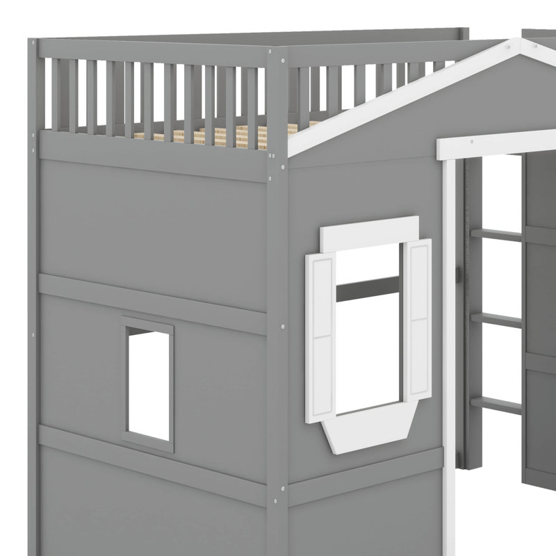Lit mezzanine avec échelle House, Gris / Blanc, Lit simple