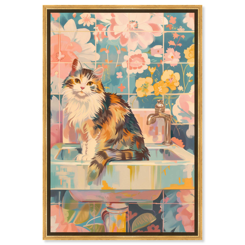Art de salle de bain dans une jungle pastel, Cadre doré, H 16 po x l 11 po