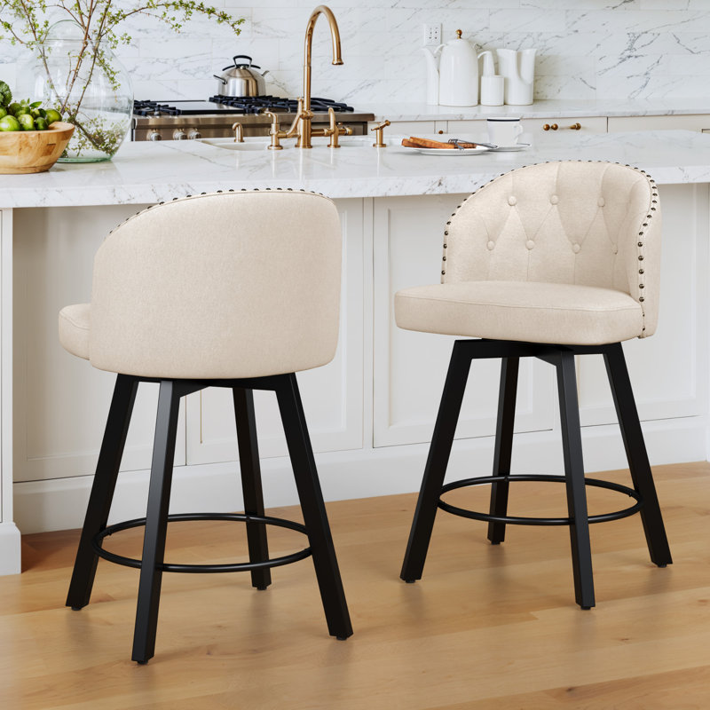 26" Swivel Upholstered Counter Stool With Backrest , Linen/Linen