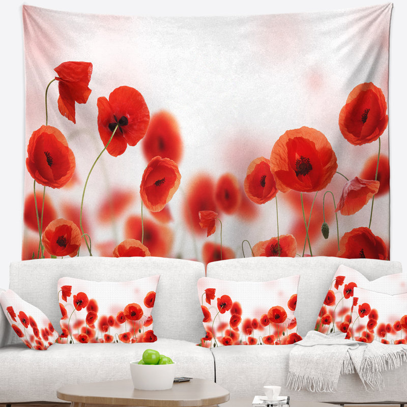 Tapisserie fleurs de pavot sur fond rose, H 68 po x l 80 po