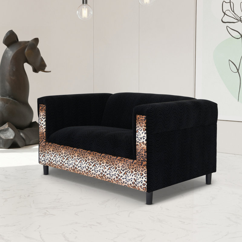 Canapé moderne en velours avec mini causeuse pour petits espaces, Imprimé animal noir / brun