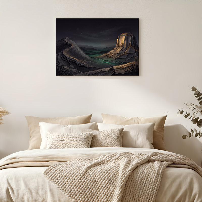 «Layered Mountains with Glowing Teal River and Stars», art mural, H 18 po x l 24 po