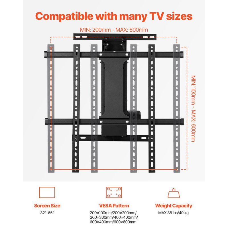Support mural motorisé pour téléviseur, support pour téléviseur de 32 à 65 pouces, support de plafond électrique réglable pour téléviseur, support de support de téléviseur rabattable motorisé avec VESA maximum de 24 po x 24 po, pour téléviseurs jusqu'à 88 lb