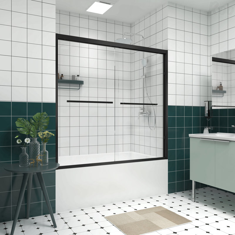 56-60"W X 58"H Aluminum Frame Material Double Sliding Opening Bathtub Shower Screen,Bypass Sliding Opening Bathroom Sliding Opening Door With Premium 1/4" (6Mm) Clear Tempered Glass, With Black Hardware Sliding Opening Glass Shower Enclosure Door