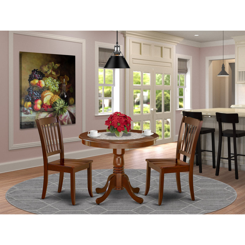3 Piece Kitchen Table & Chairs Set Contains a Round Dining Room Table with Pedestal and 2 Dining Room Chairs, Mahogany, 3