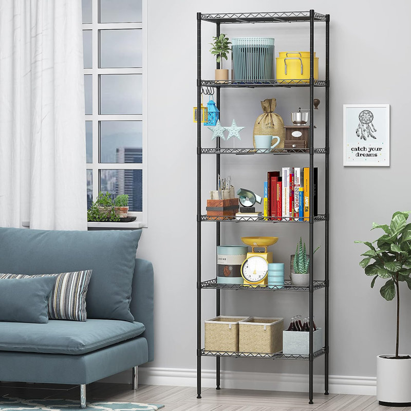 Orizaba 6 Tier Adjustable Wire Shelving Unit Organizer Steel Storage Rack w/ Hooks, Leveling Feet, Black