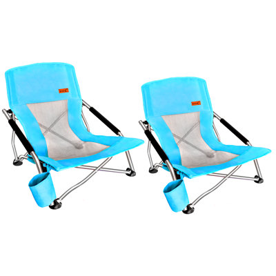 Low Beach Camping Chair, Ultralight Folding w/ Cup Holder & Bag, Compact & Durable (Blue, Set of 2)
