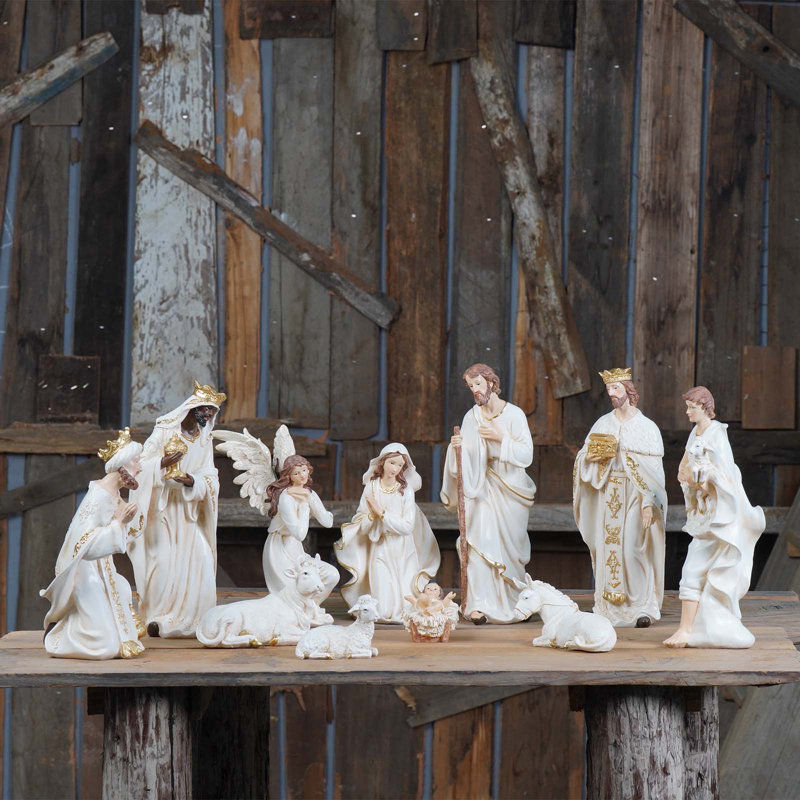 Ensemble de crèche de Noël, figurine de scène d'intérieur de Noël, cadeau de lit de bébé Jésus, H 8 po x l 18 po x P 8 po