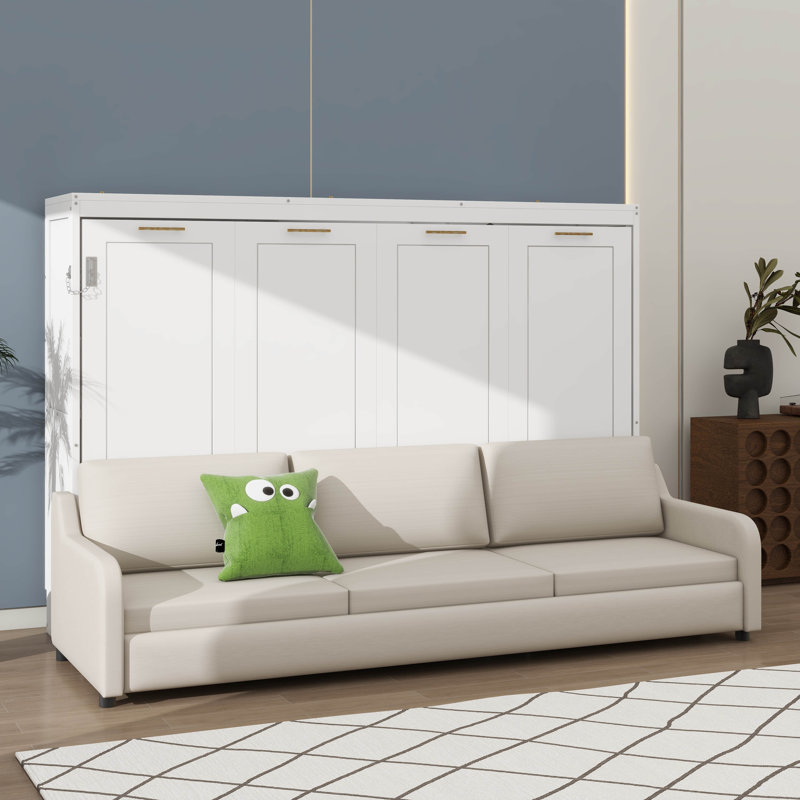 Grand lit escamotable à armoire murale avec canapé pliable, rangement intégré et éclairage DEL