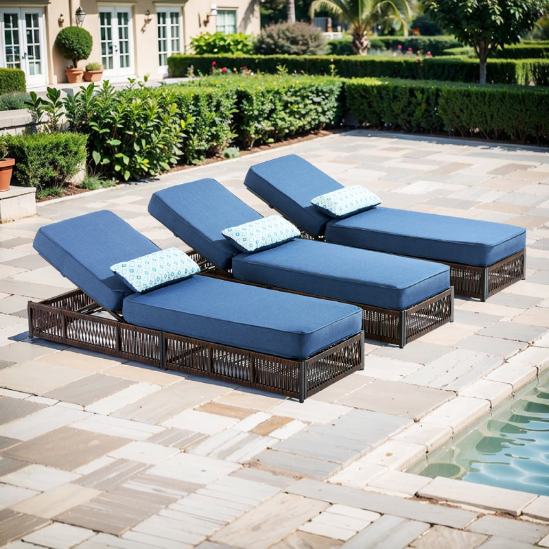 Mirari 3-Piece Outdoor Chaise Lounge Set, 3 All-Weather Wicker Recliners With 5" Thick Cushions, Blue, 3