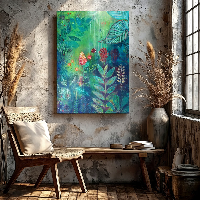 Abstrait botanique, peinture florale bleu sarcelle, feuilles tropicales, reproduction d'art sur toile, H 30 po x l 40 po
