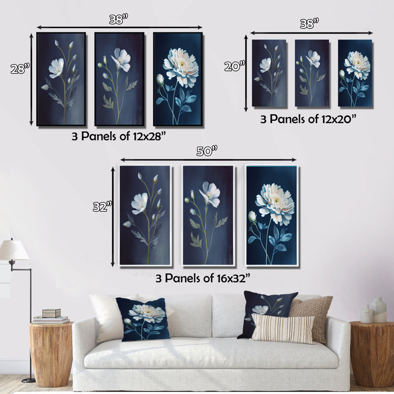 Ensemble de 3 fleurs blanches simples sur fond bleu rétro, Toile tendue, H 20 po x l 36 po