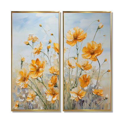 Muted Yellow Color Marigold Charm - Flowers Wall Art Decor, Yellow Floral Canvas Print Set Of 2