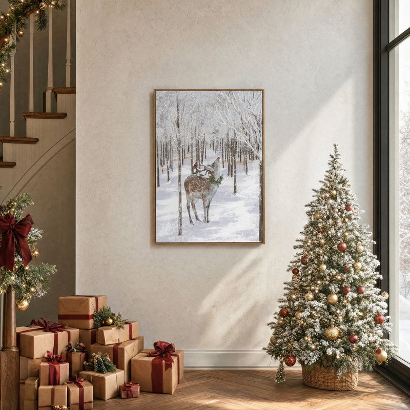 Décoration murale de Noël champêtre avec des rennes – Toile peinte à la main avec paillettes et cadre en bois massif