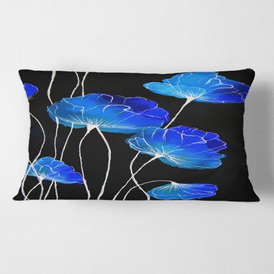 Detail Of Blue Flowers On Black II Floral Lumbar Pillow