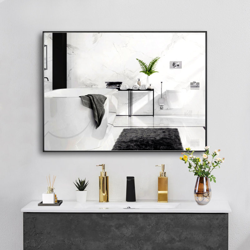 Modern & Contemporary Rectangle Bathroom Vanity Mirror Metal Framed Wall Mirror, Black, 30" x 24"