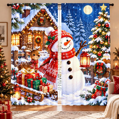 Ensemble de 2 rideaux festifs à motif bonhomme de neige et scène de Noël, tissu occultant, protection de l'intimité, œillets pour tringle, lavables à la machine, parfaits pour le salon, la chambre, le balcon et la décoration intérieure. Idée cadeau.
