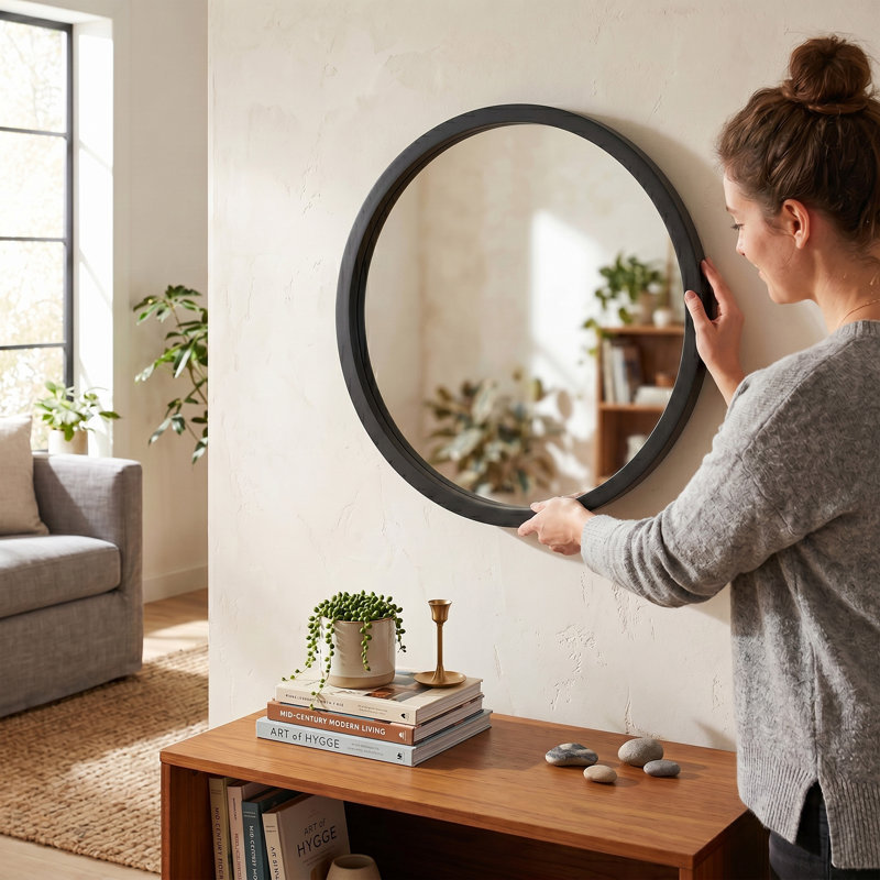 Braynt Solid Wood Round Wall Mirror, Black, 19.7" x 19.7"