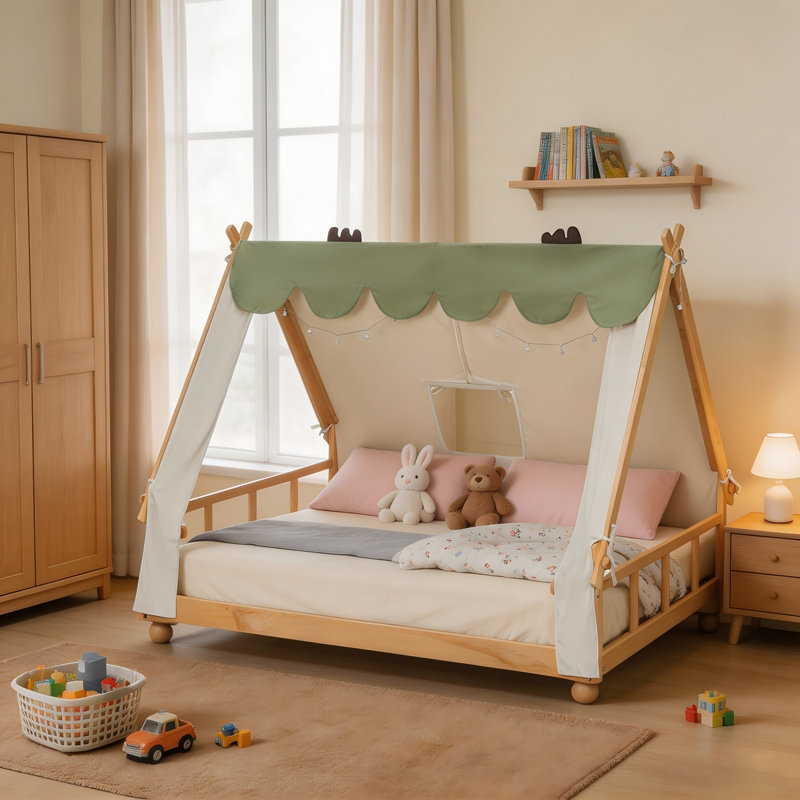 Cadre de lit simple pour enfant avec tente, lit à profil bas avec garde-corps, bois naturel, orange, Twin, Orange