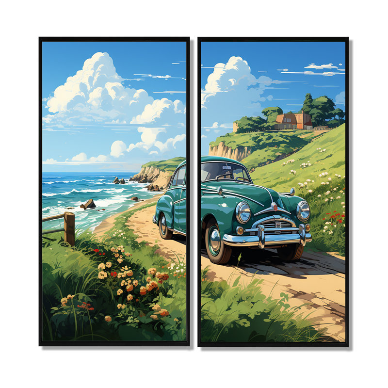 Green American Classic Car On A Beach I - Voiture de transport, art mural américain ancien, 2 pièces, H 20 po x l 24 po, Noir