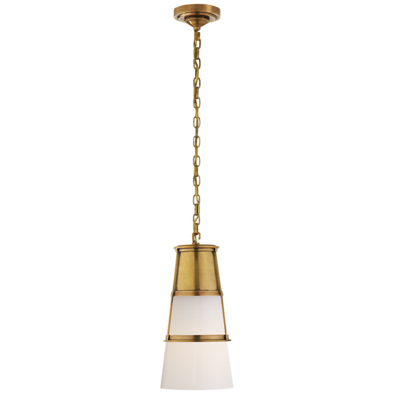 Thomas O'Brien Robinson Small Pendant, White, 15" H x 7.5" W x 7.5" D, Hand-Rubbed Antique Brass