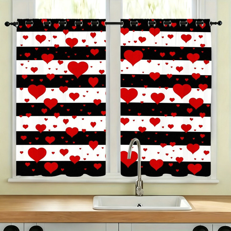 2Pcs Striped Heart Blackout Curtains  Thermal Insulated Noise Reducing Room Darkening Window Drapes for Living Room Bedroom Kitchen Home Decor
