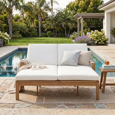 Outdoor Double Lounge Chair with 5-Position Adjustable Backrest for Each Seat, Acacia Wood Patio Chaise Lounge with Cushions for Poolside, Garden