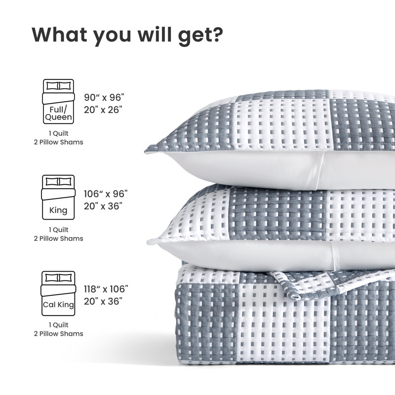 Sleep Zone Full/Queen Size Cotton Jacquard Quilt Set 3 Pieces for All Season 90 x 96 Navy Blue Plaid, Navy Blue Plaid