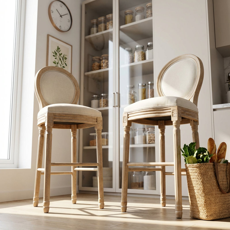 French Country Style Wooden Barstools with Upholstered Seating Set of Two