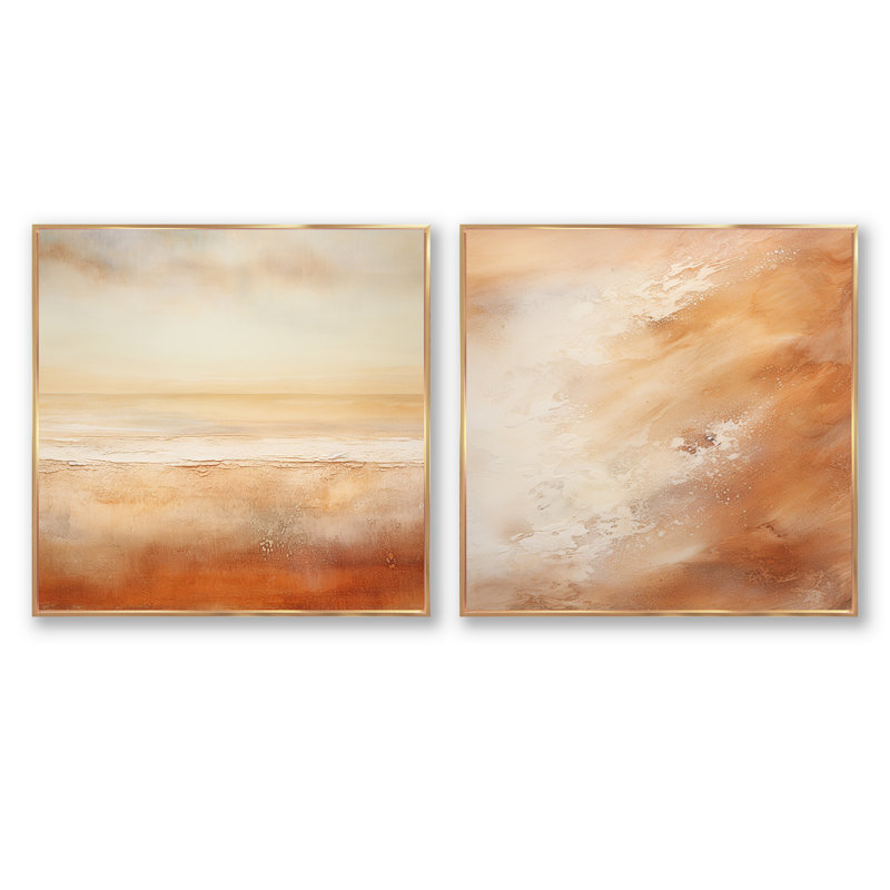 Beige Sandy Clouds Horizon IV - ensemble de 2 nuages carrés, Cadre flottant doré, H 16 po x l 33 po