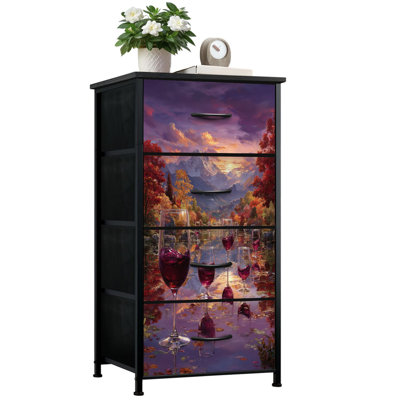 Commode pour chambre de rêve avec 4 tiroirs de rangement Peintres fantaisie Paysage doré Ciel verres à vin Commodes Commode en acier avec cadre en tissu pour vestibule