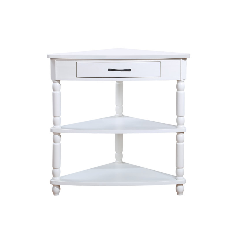 Petite table de coin triangulaire 33,8 po, table de coin en bois pour petits espaces / salon, table de bout à 3 niveaux avec pieds en bois massif, blanc laiteux