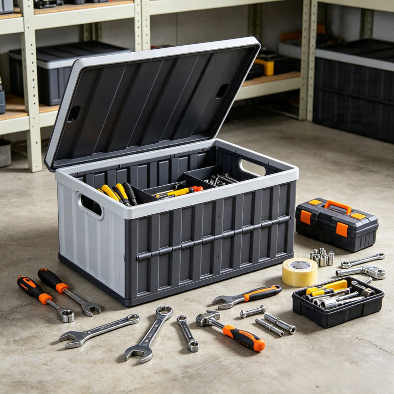 Caisse de rangement pliable et empilable en plastique avec couvercle et poignées de transport, bac de rangement pliable pour la maison, le garage, le placard et les articles ménagers