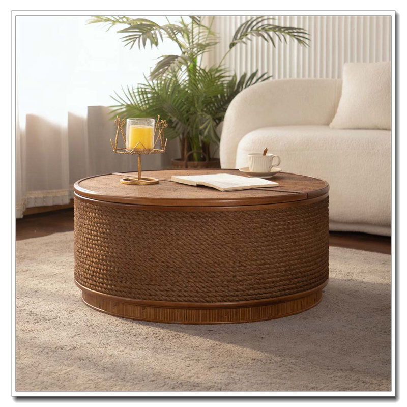 Table basse ronde en rotin avec rangement amovible