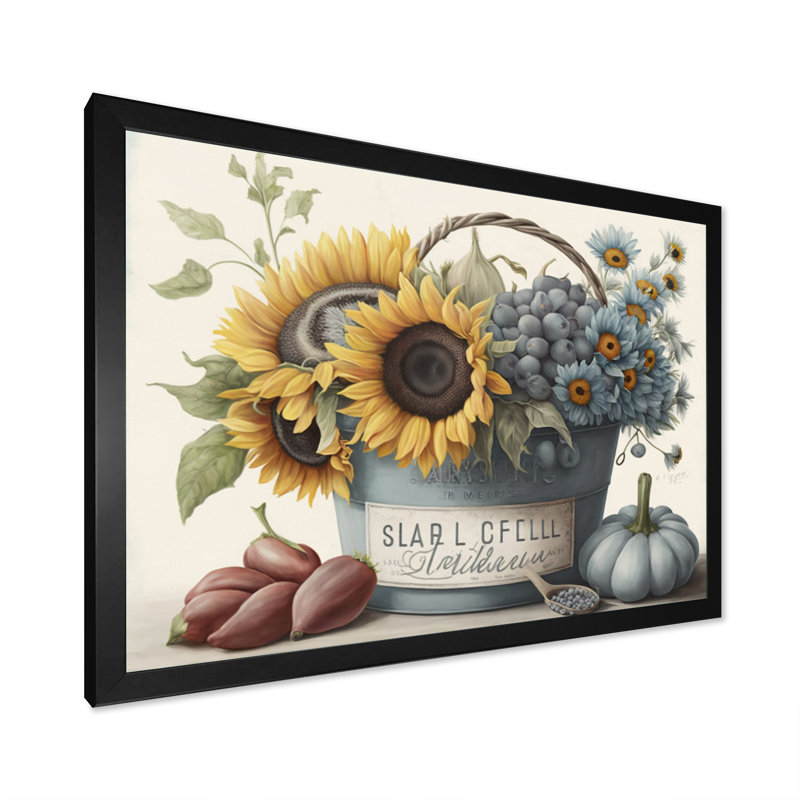 Fruit in basket V - Art mural, impression sur toile tournesol, Cadre simple noir, L 20 po x H 12 po