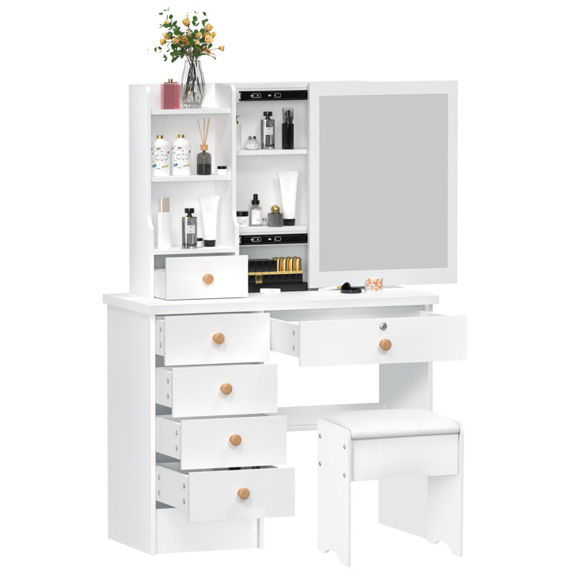Vanity Desk with Sliding Mirror, Bedroom Dressing Table, Makeup Desk with 6 Drawers, Open Shelves, Hidden Storage Space