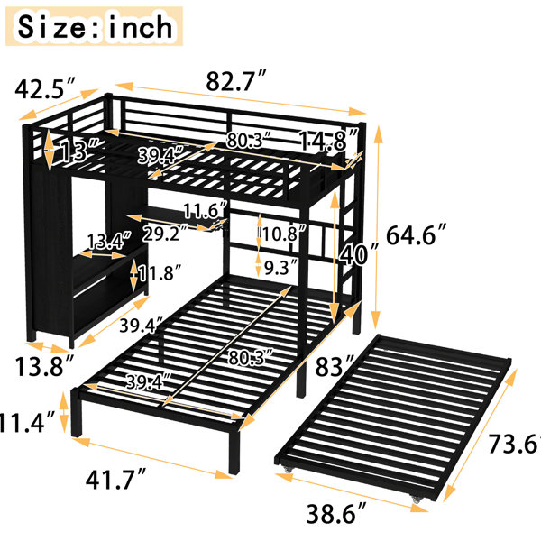 Latitude Run® Twin Over Metal Bunk Bed In Black With A Large Built-In ...