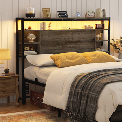 Wood Headboard with Led Lights & Charging Station by Aheaplus