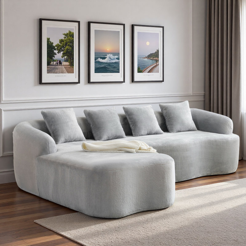 Canapé modulaire en L en chenille à compression complète avec méridienne courbée et coussins, Chenille verte