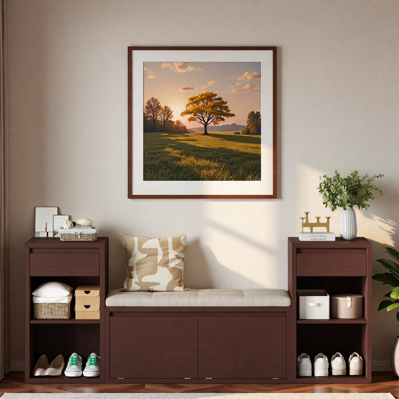 Banc de rangement avec coussin, compartiments, tiroirs et tablettes ouvertes, Espresso