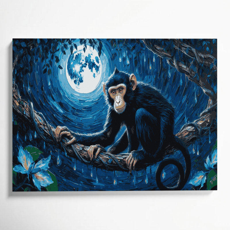 Faune, singe, nuit, art mural sur toile bleue, H 11 po x l 14 po