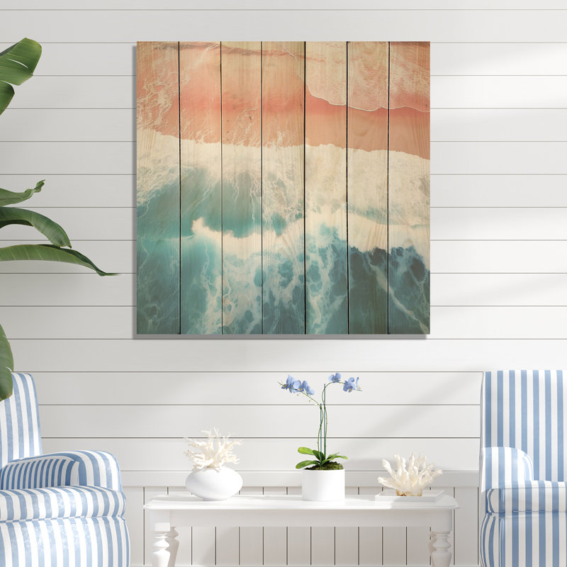 Blue And Pink Beach Aerial View I - Beach On Wood Print, 15" H x 15" W