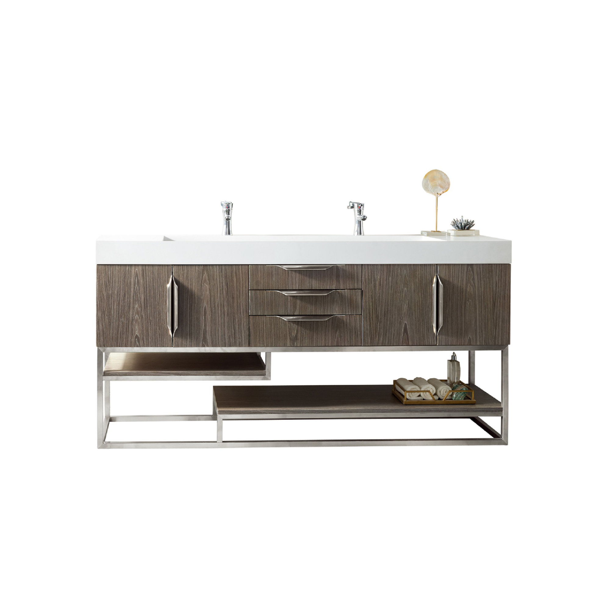 Samorah 72" Double Bathroom Vanity Set, Brushed Nickel, Ash Gray