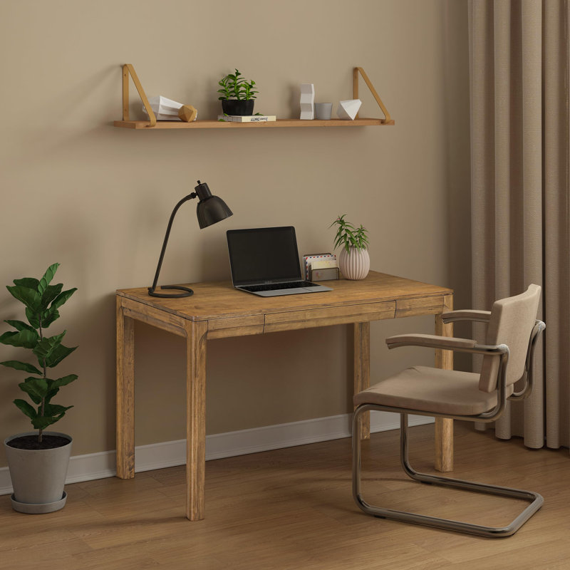  Flow Modern Wooden Rectangle Desk Table with Hidden Drawer – Waterproof & Heat Resistant, Teak Look