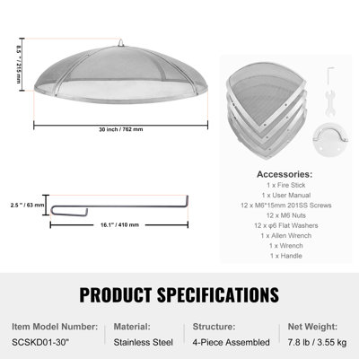 Fire Pit Spark Screen Round 30", Reinforced Heavy-Duty Steel Metal Cover, Outdoor Firepit Lid, Easy-Opening Top Screen Covers Round with Ring Handle for Outdoor Patio Fire Pits Backyard
