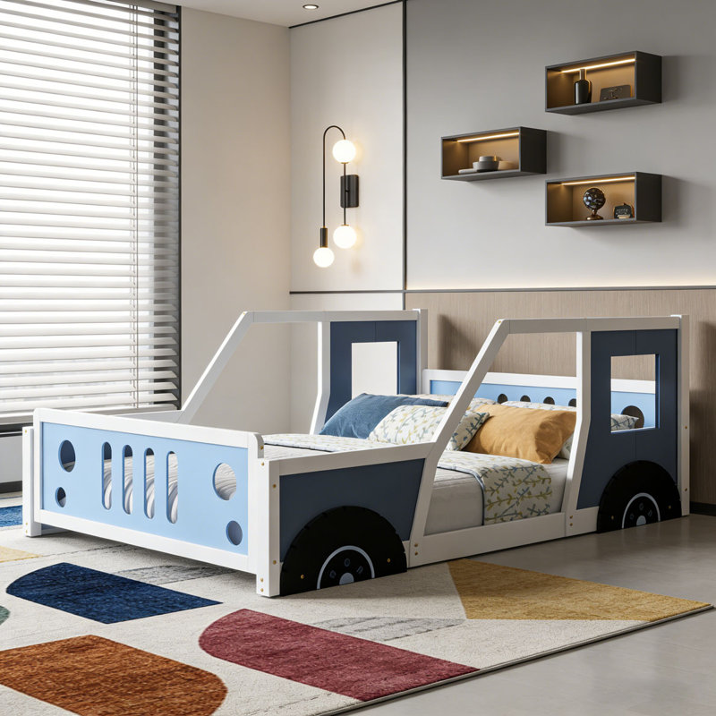 Lit plateforme classique avec roulettes en forme de voiture, Bleu, Lit simple